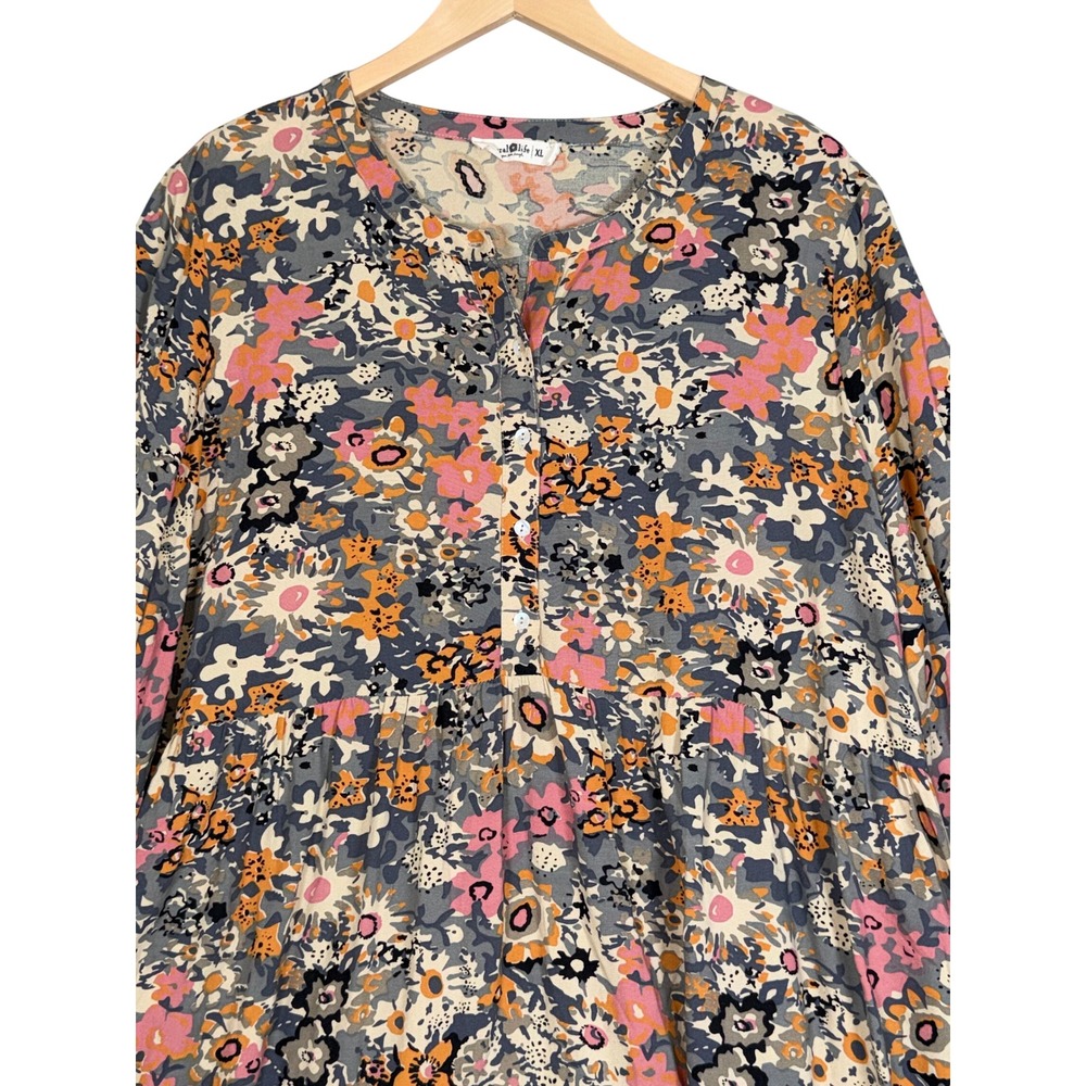 Natural Life Floral Tiered Tunic Dress XL Multicolor Boho Flowy Henley READ! - Picture 3 of 10